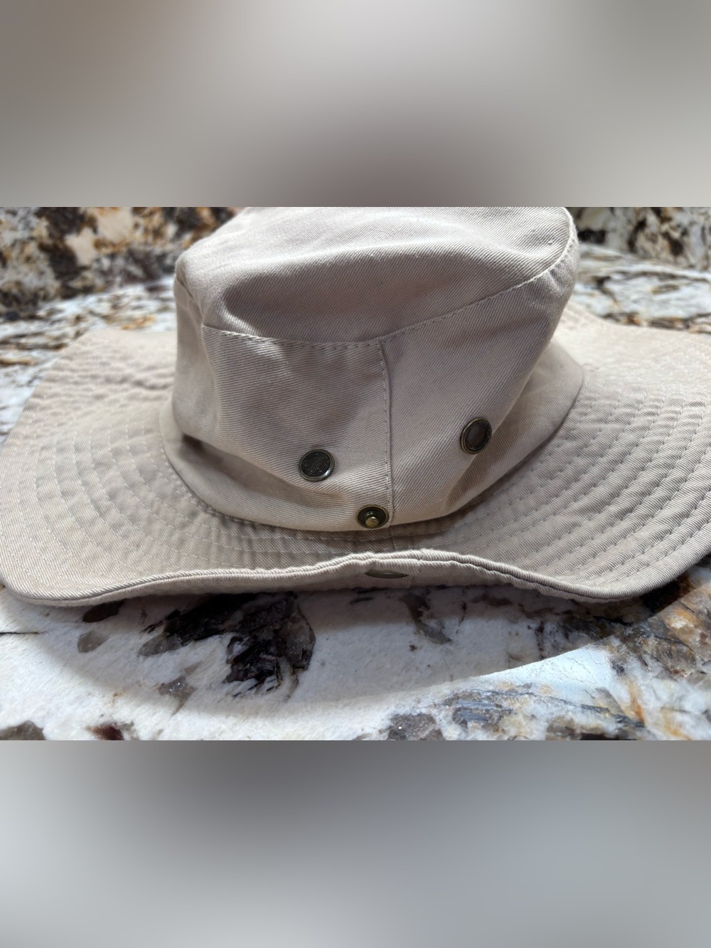Beige Cotton Bucket Hat with Metal Eyelets